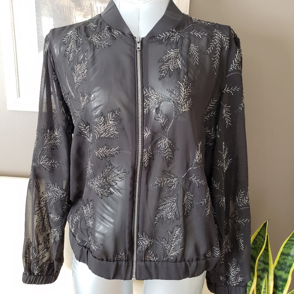 New! Sheer Black Embroidered Bomber Jacket Style